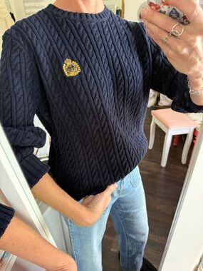 Lauren Ralph Lauren Cable Knit Sweater Navy Crest Preppy Coastal Chic
